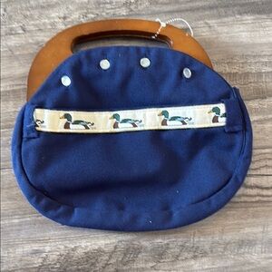 Vintage Banner House  wooden button handle Navy Blue Handbag with Duck Pattern